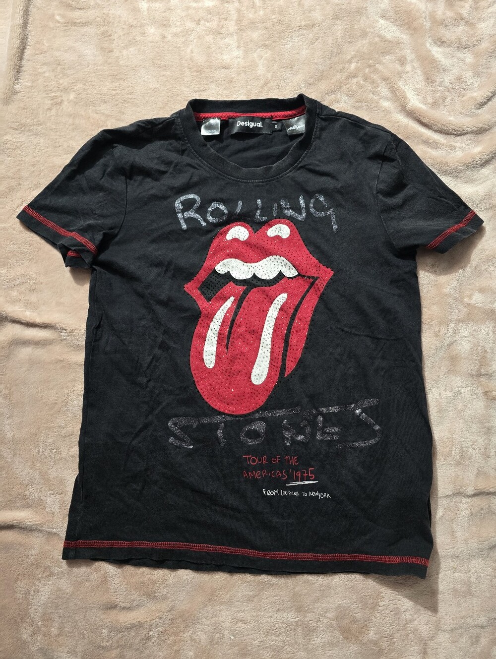 Desigual Rhinestone The Rolling Stones T-shirt Tongue Logo Black Red Size Small